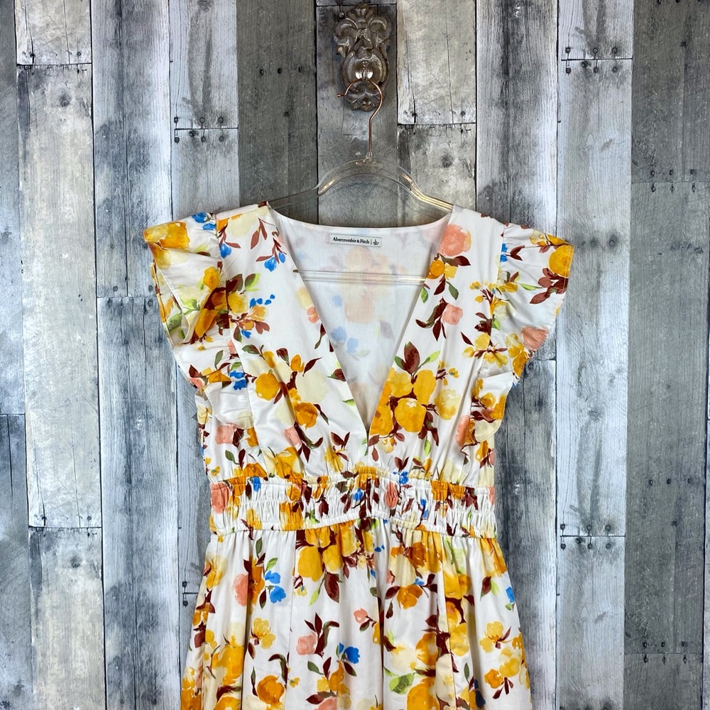 Abercrombie & Fitch Flutter Sleeve Tiered Midi Dress in Yellow Floral Size Large - Picture 4 of 15